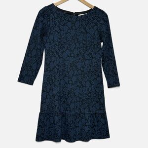 LOFT black and navy blue floral long sleeved winter shift dress size 2